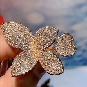 Three-dimensional Four-leaf Flower Gold Ring with Cubic Zirconia,